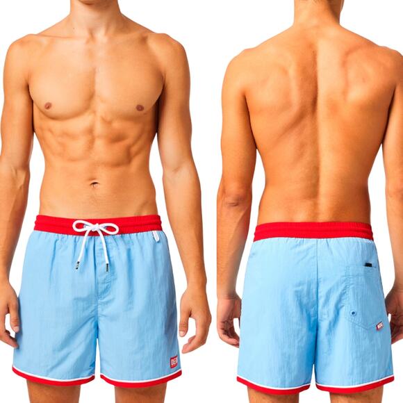 Diesel Bmbx Wave B Swim Shorts Drawstring Mid Length Light Blue Red Mens Medium - Picture 1 of 9